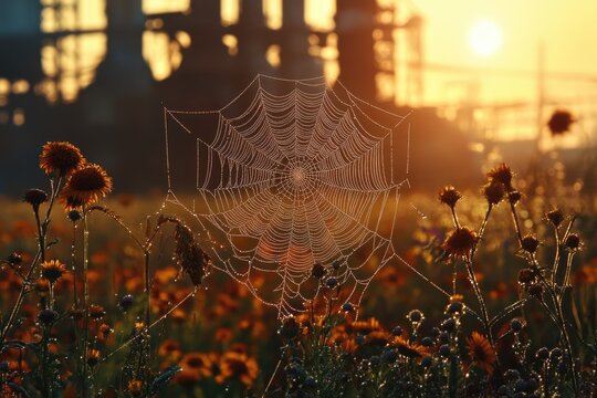 Morning dew illuminates a delicate spiderweb and wildflowers, bathed in the golden glow of sunrise against a distant industrial landscape. - Powered by Adobe