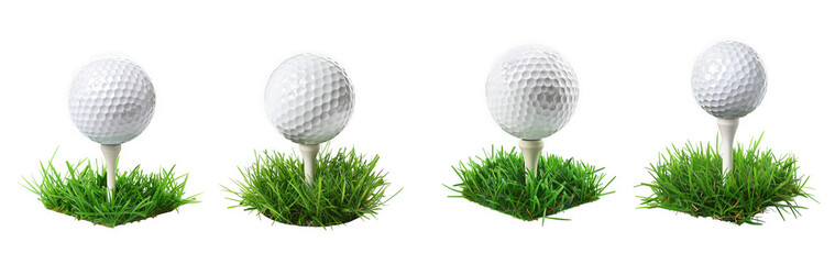 Four golf balls on tees with green grass isolated on transparent background