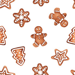 Watercolor png pattern design gingerbread men on transparent background