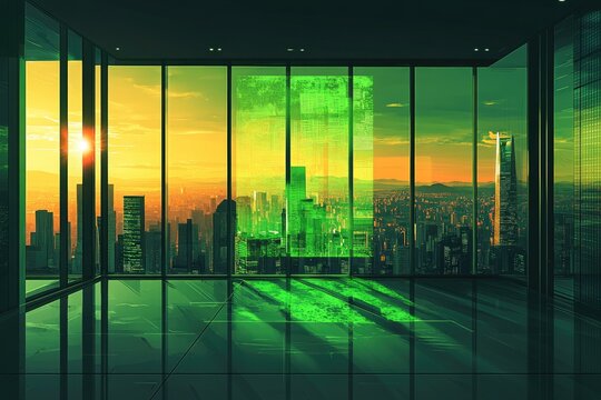 Vibrant sunset cityscape from a high-rise, glowing green digital data across windows and floor. A futuristic urban panorama. - Powered by Adobe