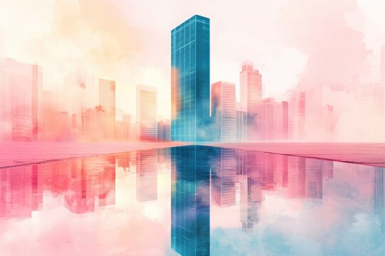 A vibrant, artistic cityscape featuring a prominent blue skyscraper reflecting in water, surrounded by softly rendered buildings and a pastel sky.