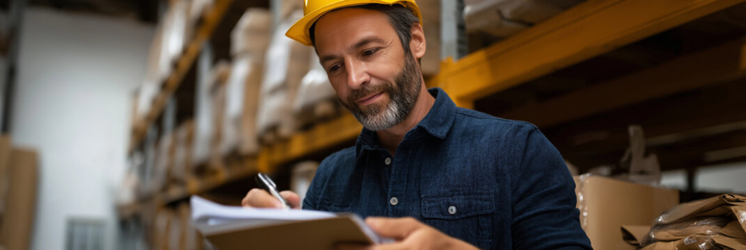 This image features a warehouse manager in a safety helmet diligently reviewing the inventory, emphasizing the importance of organization, management, and logistical precision in supply chains.