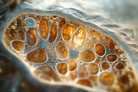 A detailed microscopic image of an intricate organic or geological structure, showcasing golden, honeycombed cavities, a textured surface, and subtle blue details.