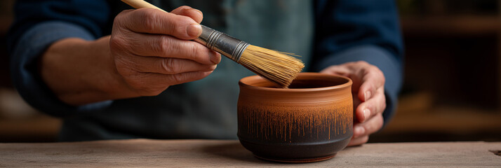 An artisan using a traditional brush to add finishing touches to a beautifully crafted clay pot, showcasing the skill and dedication involved in pottery creation.