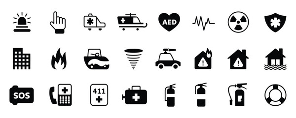 Emergency response icon set for disaster preparedness and safety campaigns, featuring ambulance, fire, rescue, and medical support for risk awareness