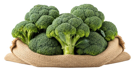 Fresh broccoli florets in burlap bag isolated on transparent background