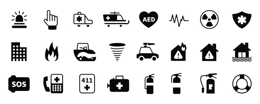 Emergency response icon set for disaster preparedness and safety campaigns, featuring ambulance, fire, rescue, and medical support for risk awareness