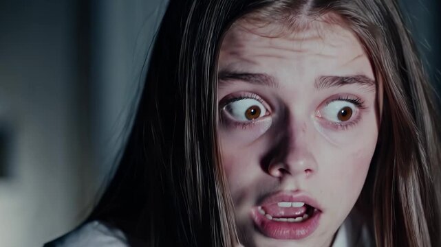 A girl with long hair is captured in a dimly lit environment, emphasizing her expressive gaze. The girl observes her surroundings, creating an intriguing atmosphere filled with mys