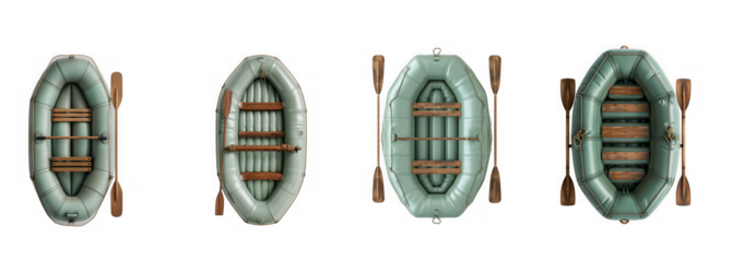 Four inflatable rafts with oars, viewed from different angles, isolated on transparent background