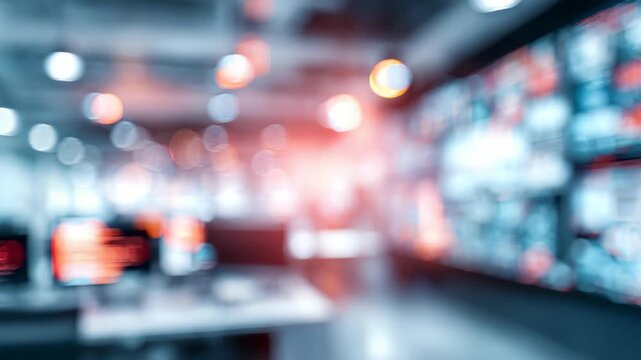 Abstract blurred background of a contemporary office with glowing monitors and digital panels, evoking a sense of advanced technology. Ideal for concepts of innovation, IT, and digital transformation