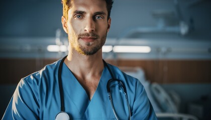 Male Medical Professional Wearing Blue Scrubs with Stethoscope in Hospital Setting