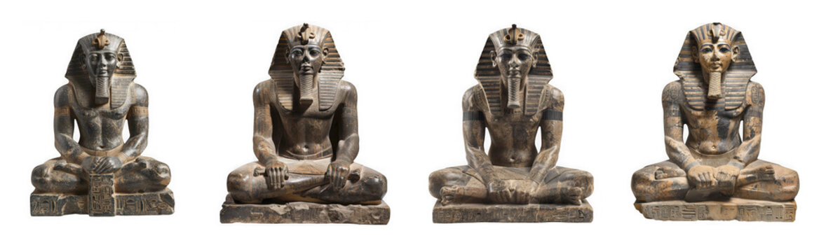 Four ancient egyptian statues of seated figures with headdresses, isolated on transparent background