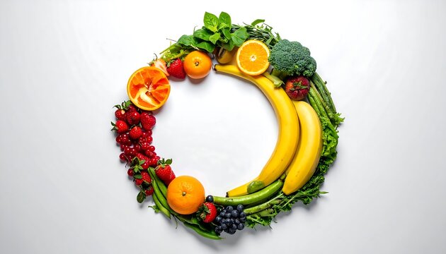 Colorful Fruit and Vegetable Wreath on White Background for Healthy Eating.