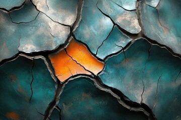 Abstract image showcasing deep cracks in a distressed teal and blue surface, revealing contrasting bright orange fissures, creating a dynamic, fractured texture.