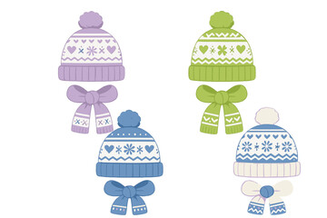 Colorful knitted winter hats and matching scarves with cute Nordic patterns