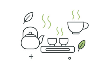 Stylized outline drawing of a tea service setup with teapot, two small cups, and a large steaming mug