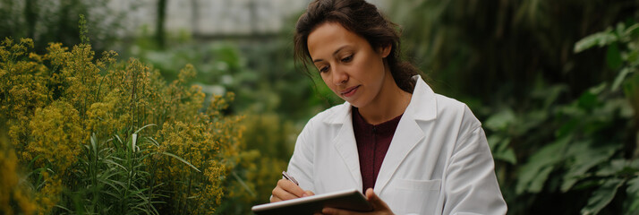 A dedicated female scientist in a white lab coat taking notes and examining vibrant green plants in a lush greenhouse, showcasing her commitment to research and nature.
