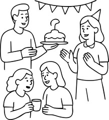 Colleagues at work smile and celebrate a birthday with cake and friendly chatting in an office setting.