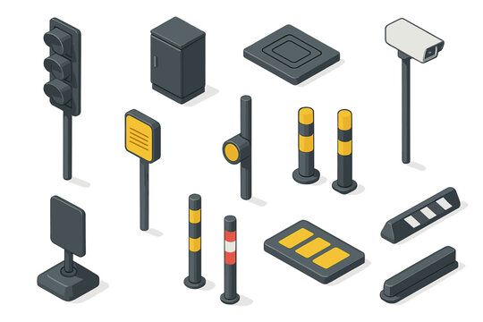 Isometric urban infrastructure elements set including traffic lights, security cameras, parking bollards, and road barriers