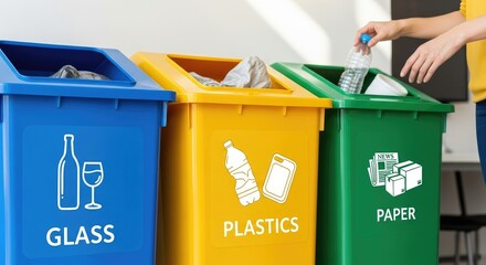 Person sorting waste into color coded recycling bins for glass plastic