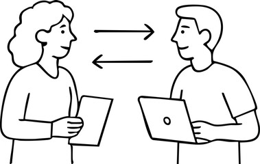 An illustration depicting interdepartmental meetings between marketing and IT teams, visually connecting different professions through collaboration and shared goals.