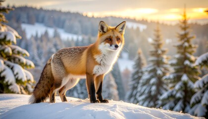 Fototapeta premium Wild red fox stands majestically on snowy mountain ridge during golden sunrise with winter forest backdrop