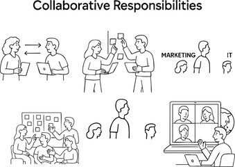 A collection of illustrated scenes showcasing collaborative teamwork &mdash; including brainstorming with laptops and sticky notes, online global meetings, cross-department collaborations between marketing 