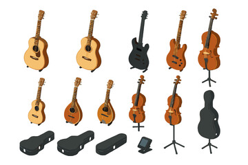 Collection of string musical instruments and accessories including guitars, basses, mandolins, and cellos