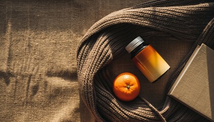Cozy winter wellness essentials arranged on natural linen with warm amber lighting and knitted wool textures