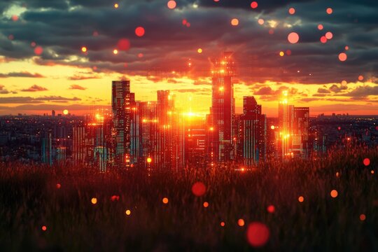 Digital city skyline at sunset, with illuminated skyscrapers, data streams, and ethereal floating orbs over a grassy field.