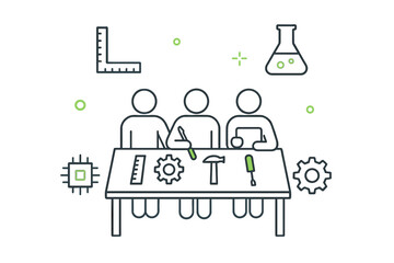 Team collaboration on engineering and development project with tools and technical symbols