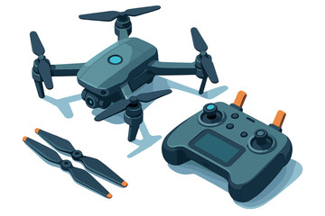 Modern aerial quadcopter drone with remote controller and spare propellers © Andrei