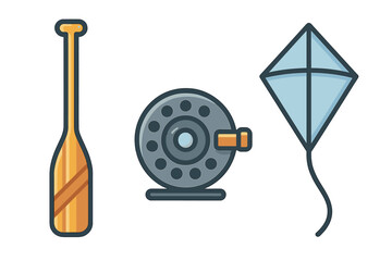 Obraz premium Collection of outdoor recreation equipment including a wooden paddle, fishing reel, and flying kite