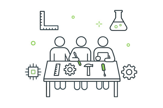 Team collaboration on engineering and development project with tools and technical symbols