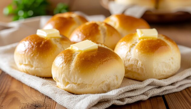 Warm buttered Parker House rolls arranged on rustic linen napkin showcasing golden bakery perfection