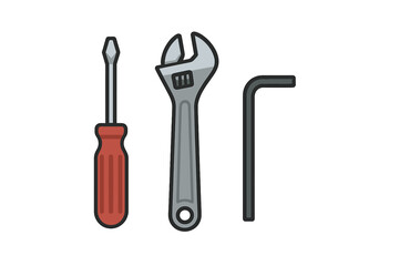 Essential repair and maintenance tools including a flathead screwdriver adjustable wrench and hex key