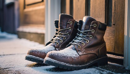 Snow-dusted leather work boots resting beside wooden doorway in golden winter afternoon light