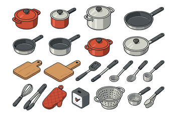 Comprehensive selection of cooking implements including stockpots skillets whisks and measuring spoons