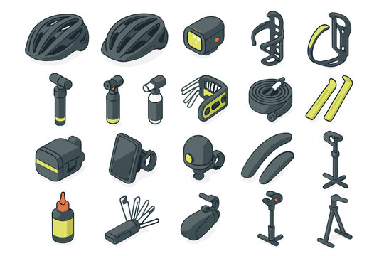 Isometric collection of bicycle equipment and maintenance tools including helmet, pump, light, and repair kit - Powered by Adobe