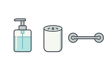 Set of bathroom accessories including soap dispenser, toothbrush holder, and towel rail