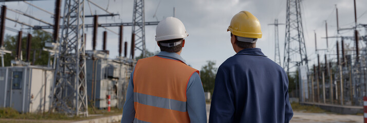 Two engineers analyze power grid infrastructure, focused on ensuring safety and functionality while showcasing teamwork and professionalism in the energy sector.