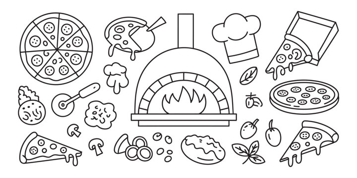 Hand-drawn pizza ingredients set for a delightful pizzeria menu design or a charming recipe book illustration, perfect for food lovers!