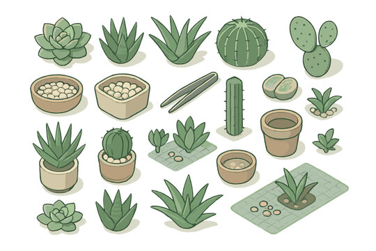 Isometric collection of potted succulents, cacti, aloe vera, and gardening tools