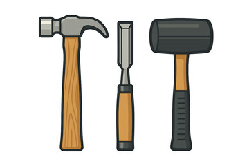 Set of essential hand tools for woodworking and construction including hammer, chisel, and mallet