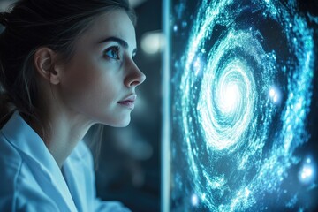 A focused woman in a lab coat gazes at a mesmerizing, swirling blue galaxy or data visualization on a futuristic display, exploring complex scientific phenomena.