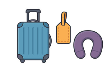 Blue rolling suitcase, orange luggage tag, and purple neck pillow set for travel