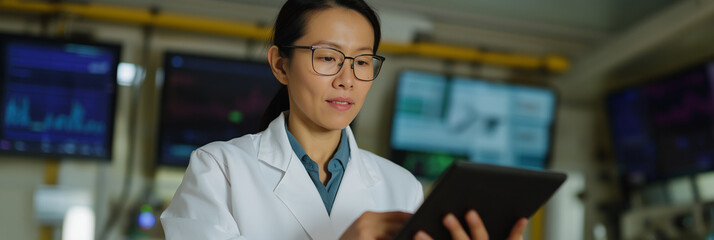 A female scientist engrossed in research utilizes her tablet to analyze data, illustrating dedication and intellect in her scientific endeavors and contributions.