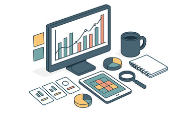 Obraz premium Isometric desktop workspace with computer monitor showing business growth charts and analytical tools
