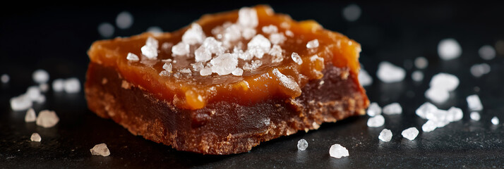 A close-up of a delectable caramel dessert topped with coarse sea salt, reflecting a rich, sweet flavor that tantalizes the taste buds and entices dessert lovers.