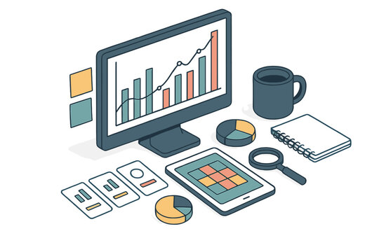 Isometric desktop workspace with computer monitor showing business growth charts and analytical tools